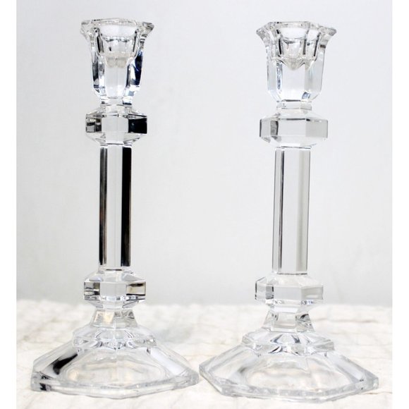 Oslo by Tuscany 8" Lead Crystal Taper Candlestick Pair Wedding Dinner Table - Picture 3 of 8